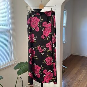 Elegant Blossoms Black Floral Print Satin Midi Skirt
